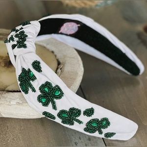 Shamrock St. Patrick's Day Seed Beaded Hearts Top
Knot White Headband